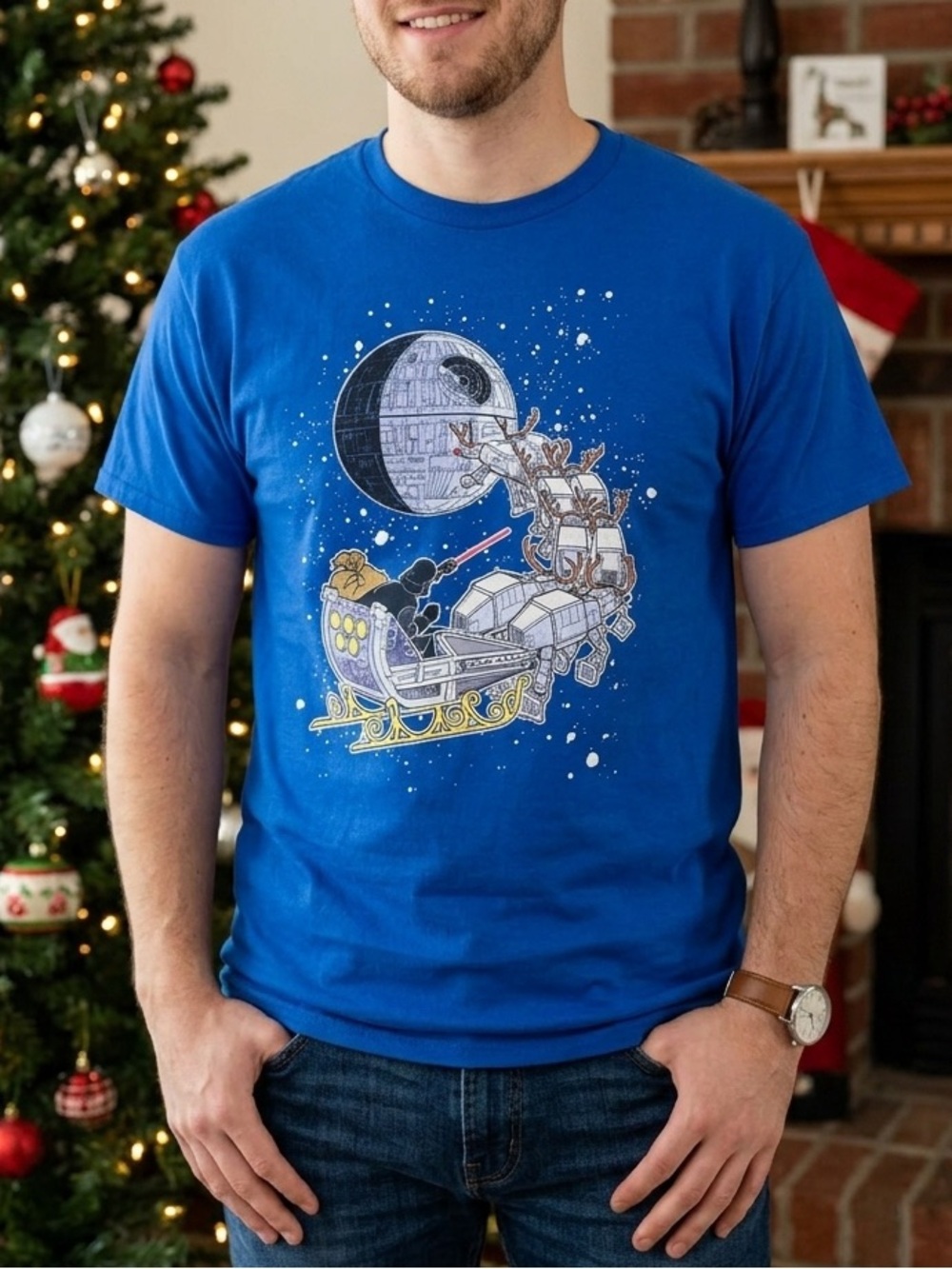 Star Wars Royal Blue Christmas Sleigh Graphic T-Shirt - Medium